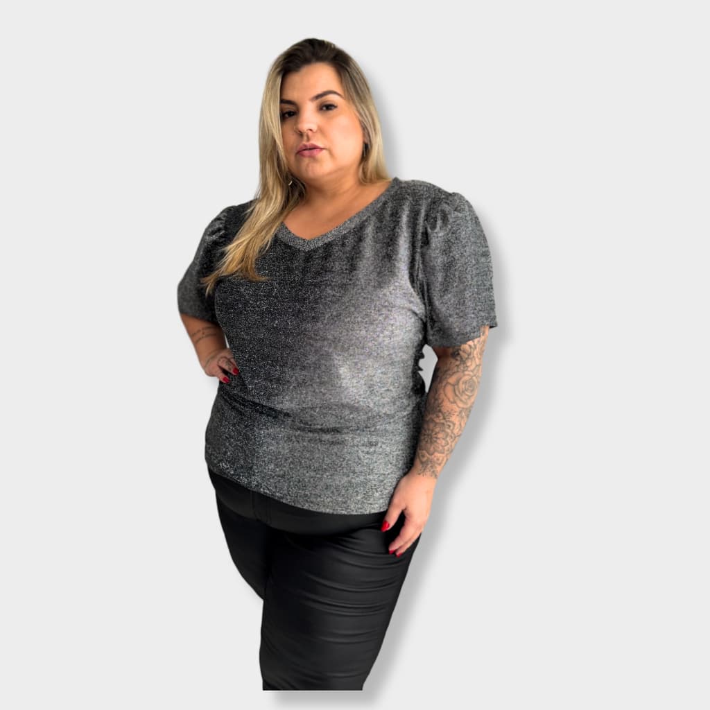 Blusa Feminina Plus Size Lurex Manga Princesa Brilho Noite Festa GG G1 G2 G3 G4 Com Elastano Promoção Envio Imediato