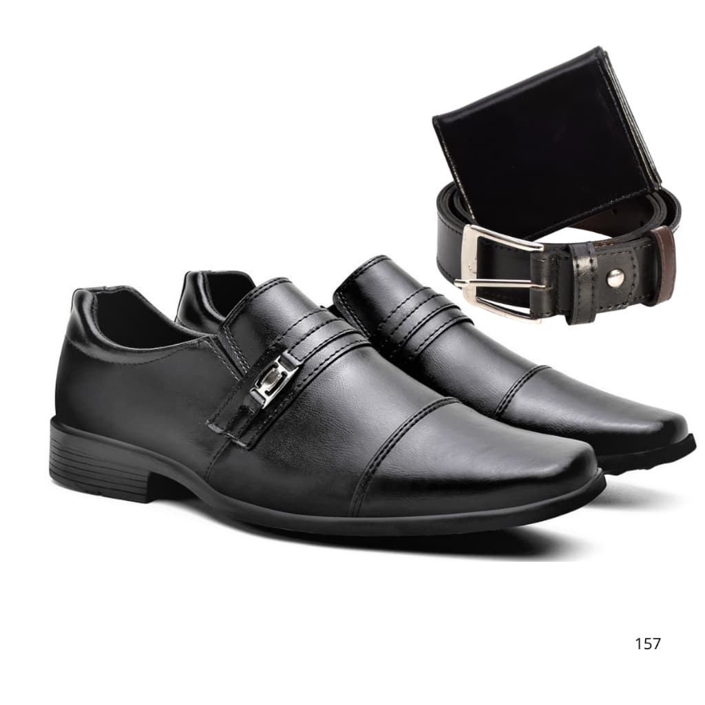Conjunto elegante de sapatos sociais masculinos pretos combinados com cinto e carteira para ocasiões formais.     Pergun