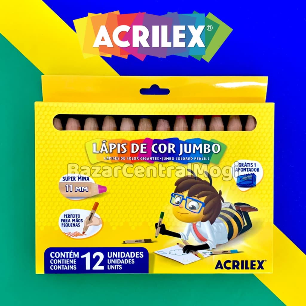 Lápis de Cor Jumbo 12 Cores Super Mina 11mm Grosso com Apontador Próprio Acrilex