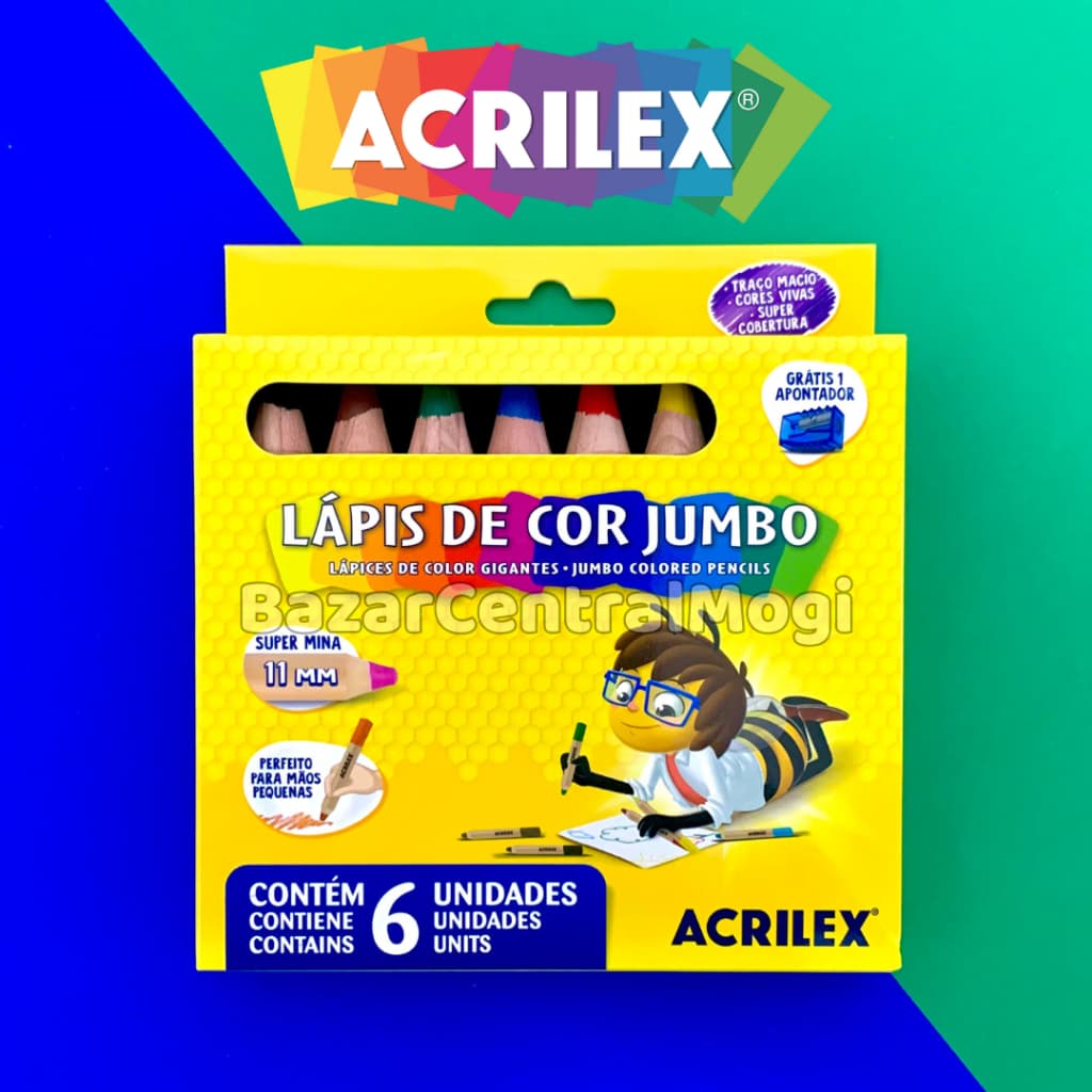 Lápis de Cor Jumbo Super Mina 6 Cores 11mm Grosso com Apontador Próprio Acrilex