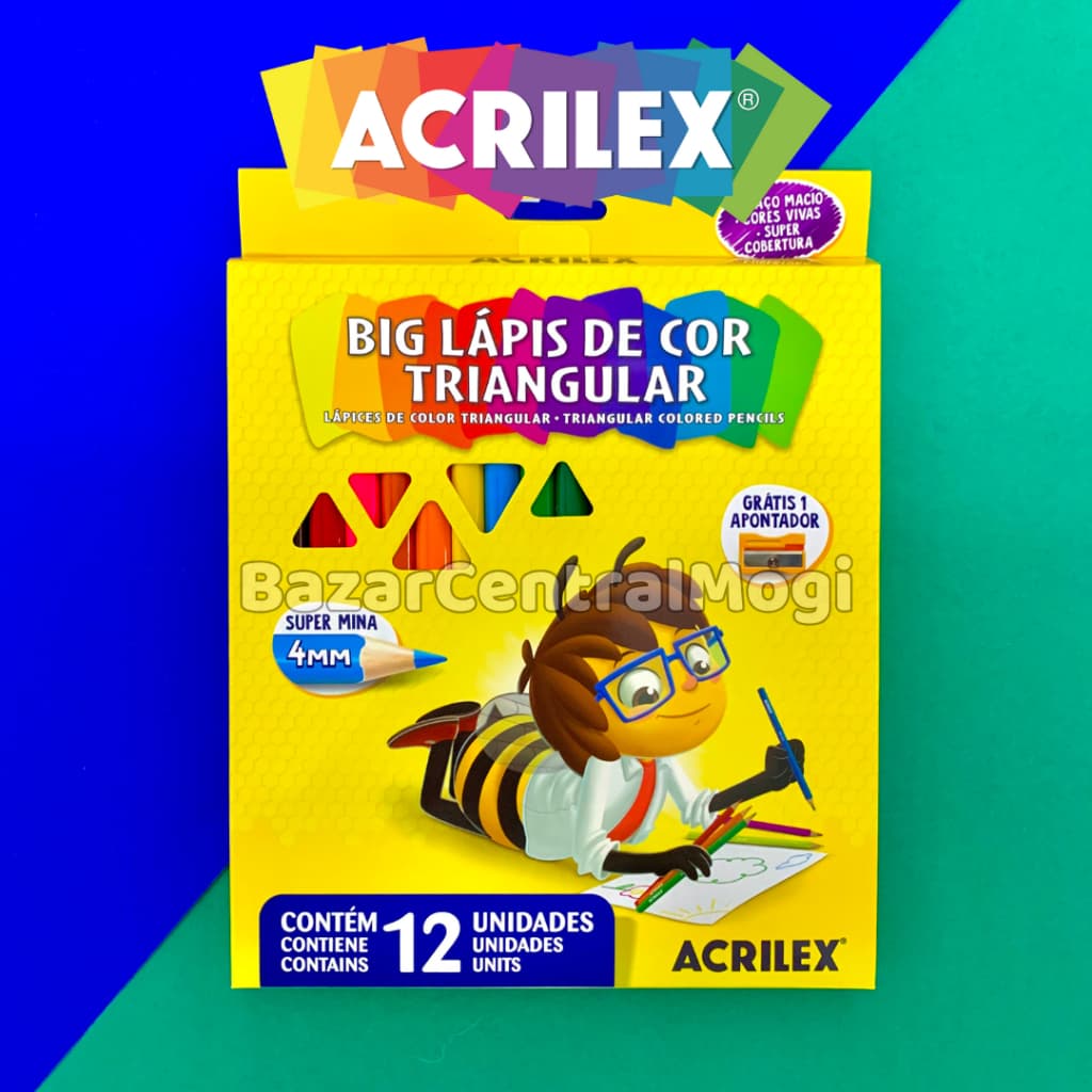 Lápis de Cor Big Triangular 12 Cores Jumbo Acrilex  + Apontador Abelhinhas