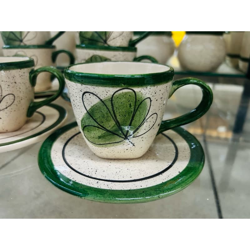Conjunto Xícara de Chá Verde com Pires Linha Ruta Pintado a Mão