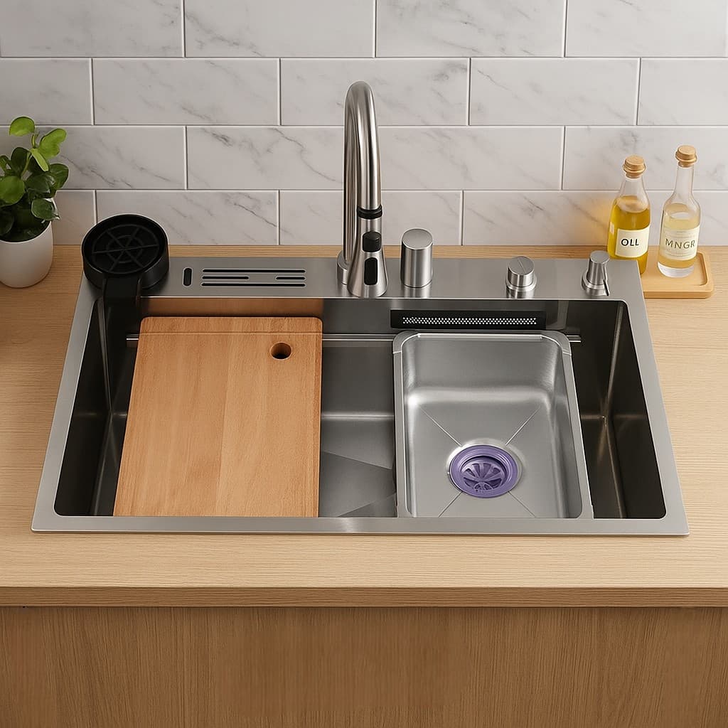 Cuba Goumet Pia Cozinha Cascata Aço Inox Multifuncional Pia Inteligente Premium Completa Moderna Grafite