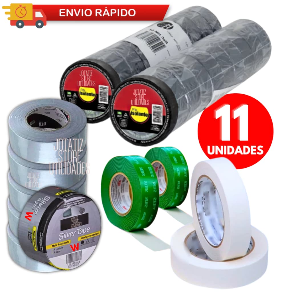 Kit 11 Rolos Fitas Isolante Antichama Preta 5m Silver Tape Dupla Face Fita Crepe P/ Emendas De Fios E Cabos Elétricos