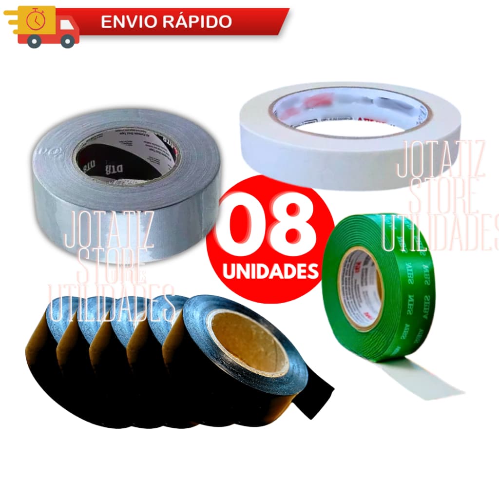 Jogo 8 | 5 Rolos Fitas Isolante Antichama Preta 5m Silver Tape Dupla Face Fita Crepe P/ Emenda De Fios E Cabos Elétricos