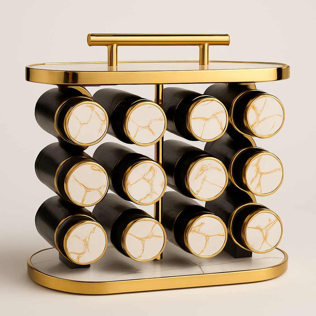 Organizador de Potes de Temperos com Suporte – Preto/Dourado/Madeira (12 Potes)