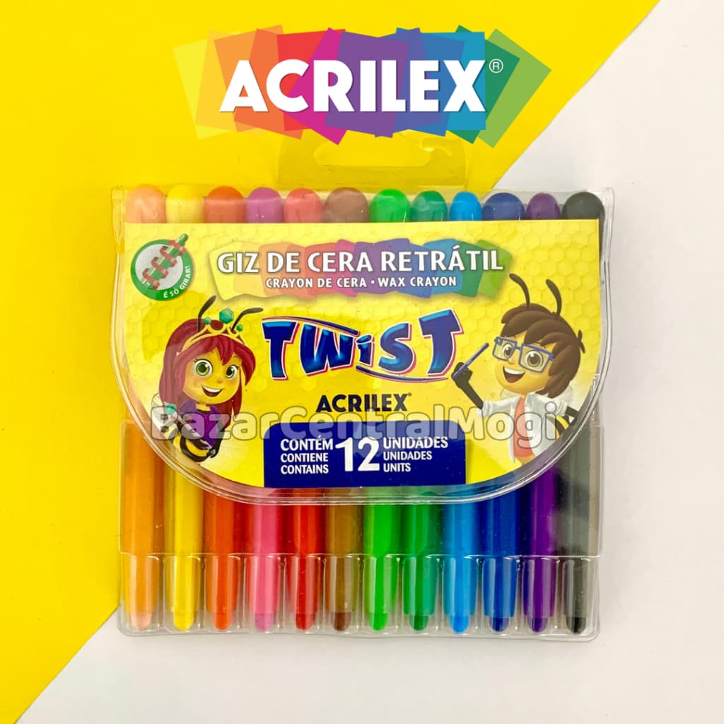 Giz de Cera Retrátil Twist 12 Cores Acrilex Resistente Escolar