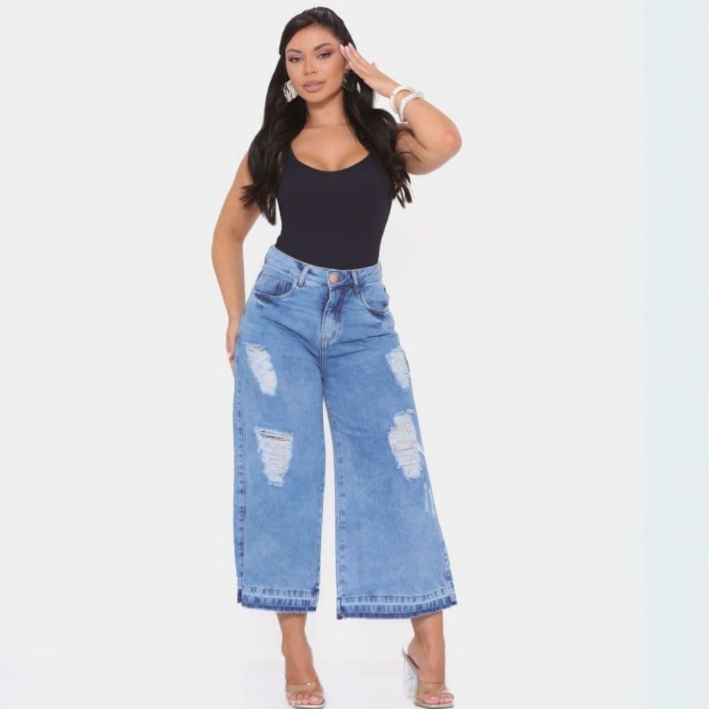 Calça Jeans feminina Wide Leg Marmorizada Pantacourt boca larga cintura alta cinza chumbo grafite