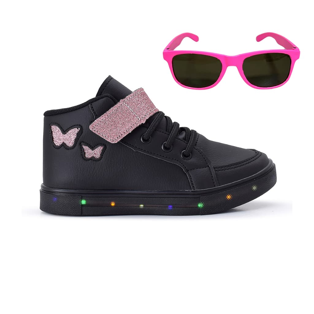 Kit Botinha Feminino Infantil Tenis De Led Meninas Borboleta Glitter Preta + Óculos GeG