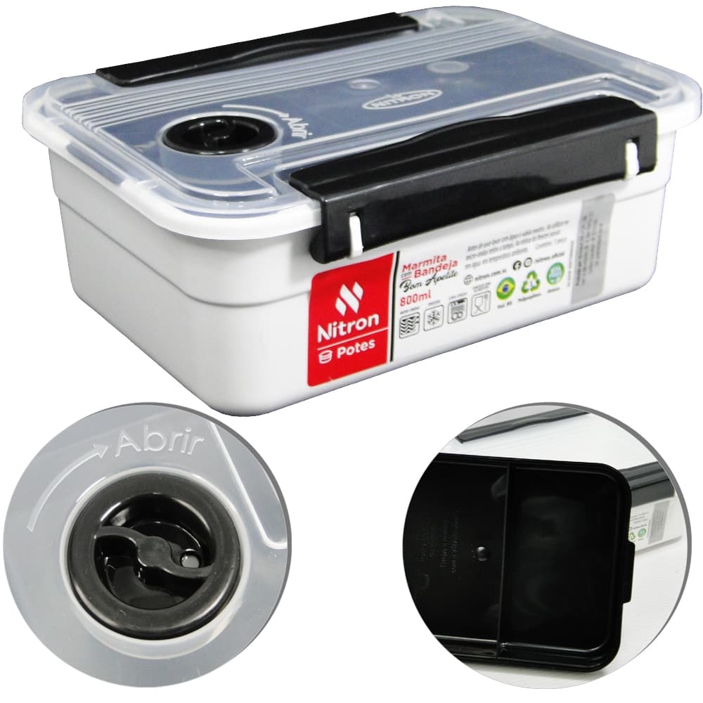 Marmita De Plástico Retangular Com Bandeja Trava Lateral E Válvula Preta 800ml
