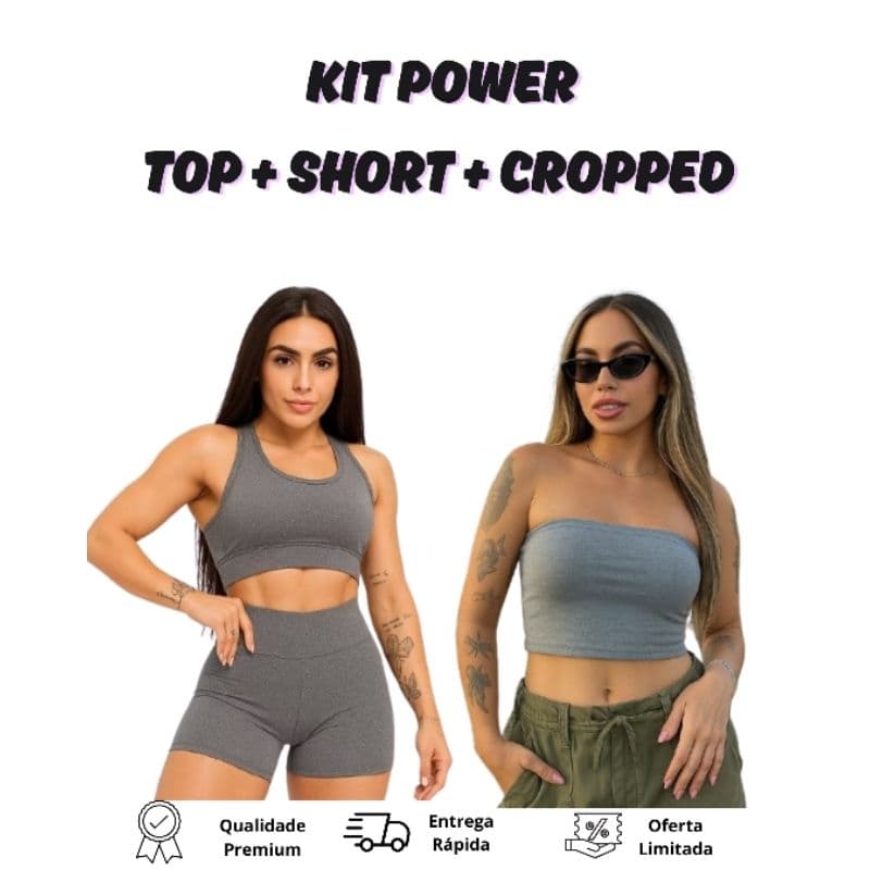 Kit Power Moda Gringa – Top + Short + Cropped Curto | Suplex Premium Justinho e Confortável para Todas Ocasiões