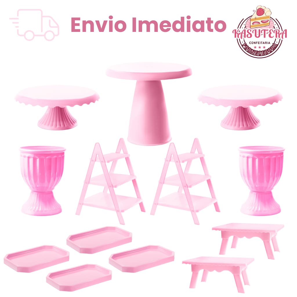 Kit Decoração 13 peças - 3 Boleiras + 2 Vasos + 4 Bandejas + 2 Escadinhas + 2 Mesinhas
