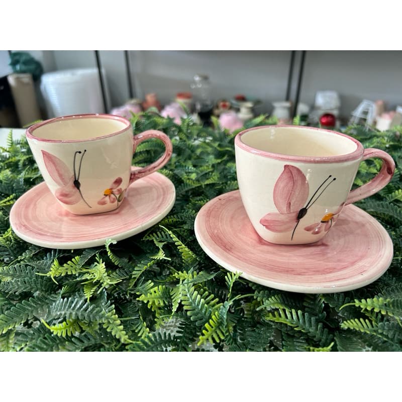 Conjunto com 2 Xícaras de Chá Rosa Linha Libélula com Pires Pintado a Mão