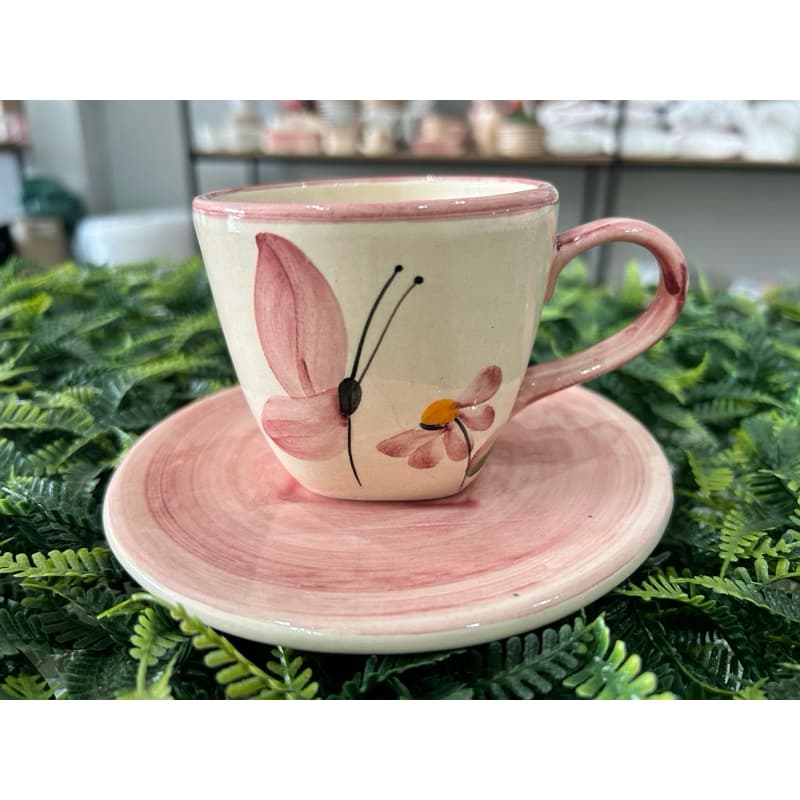 Conjunto Xícara de Chá Rosa com Pires Linha Libélula Pintado a Mão