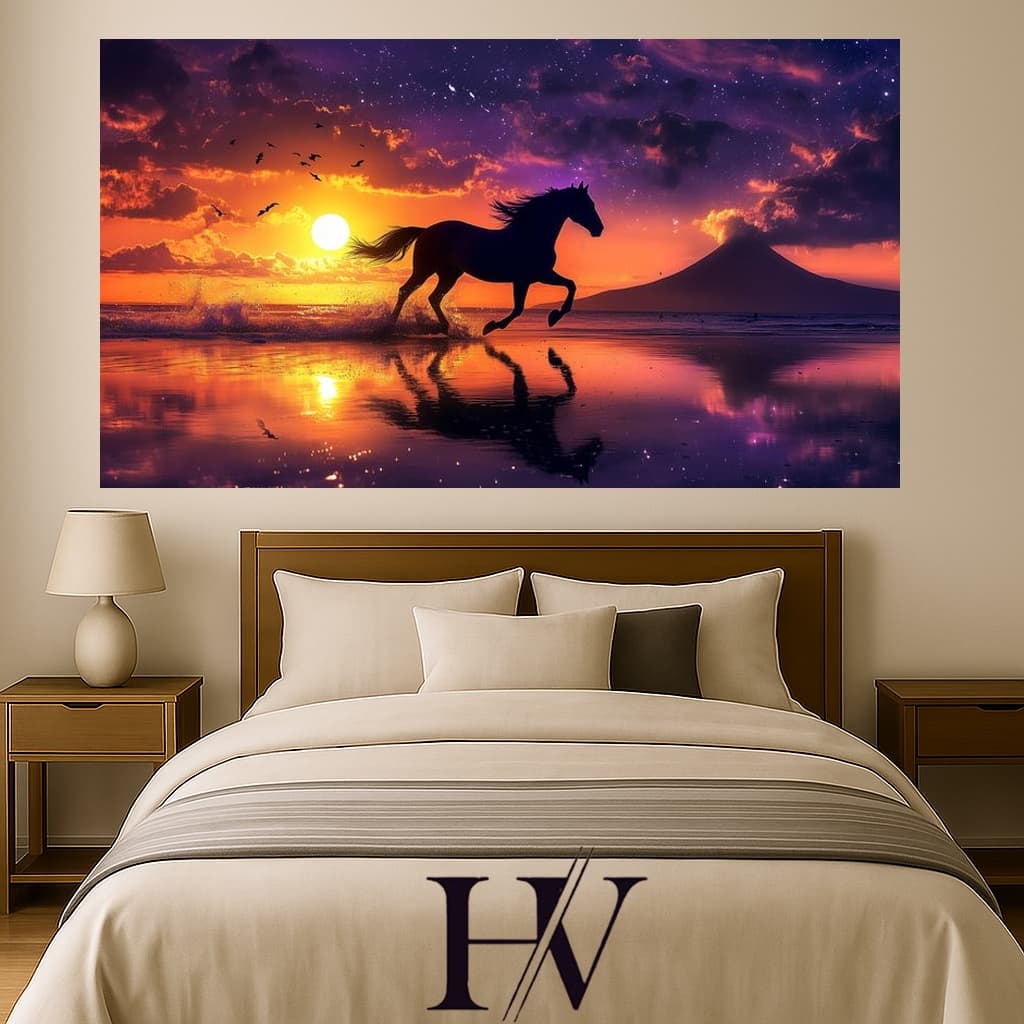 Quadro Decorativo 1 Peça Horizontal Cavalo Liberdade ao Pôr do Sol