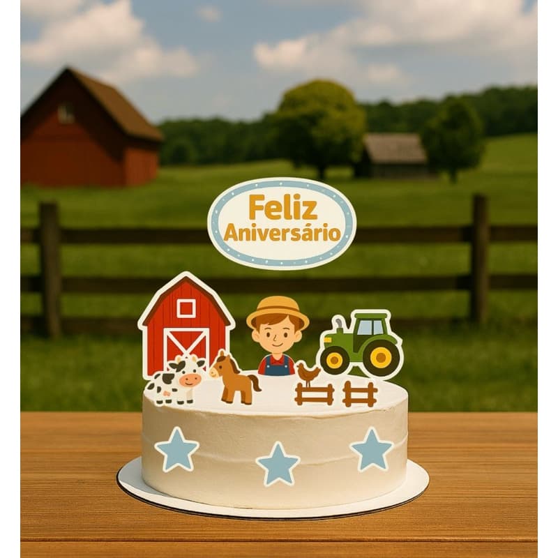 ENVIO IMEDIATO - Topo/Topper de Bolo Fazendinha Menino para Aniversário/Mesversário