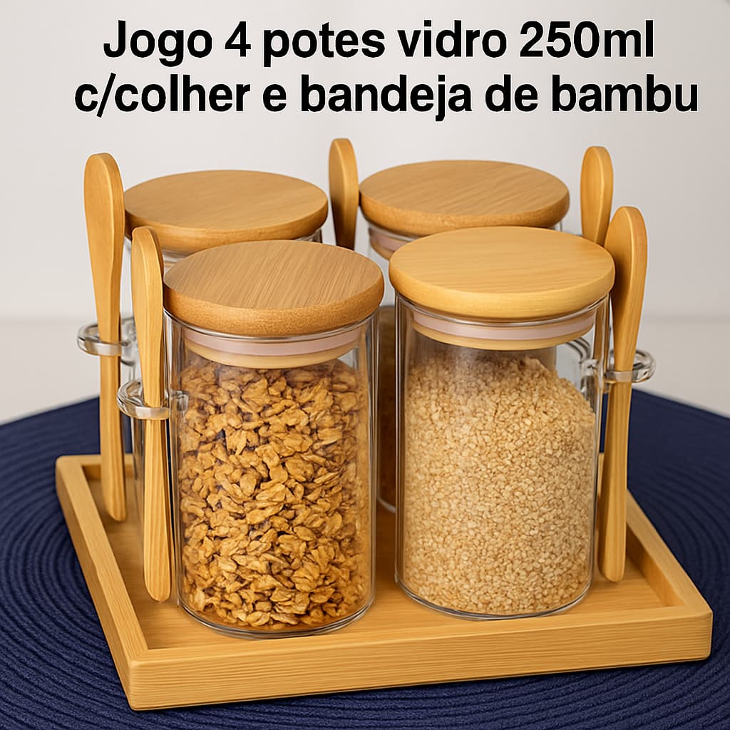 Jogo 4 Potes Vidro 250ml Tampa Bambu e colheres + Bandeja Quadrada - Porta Tempero