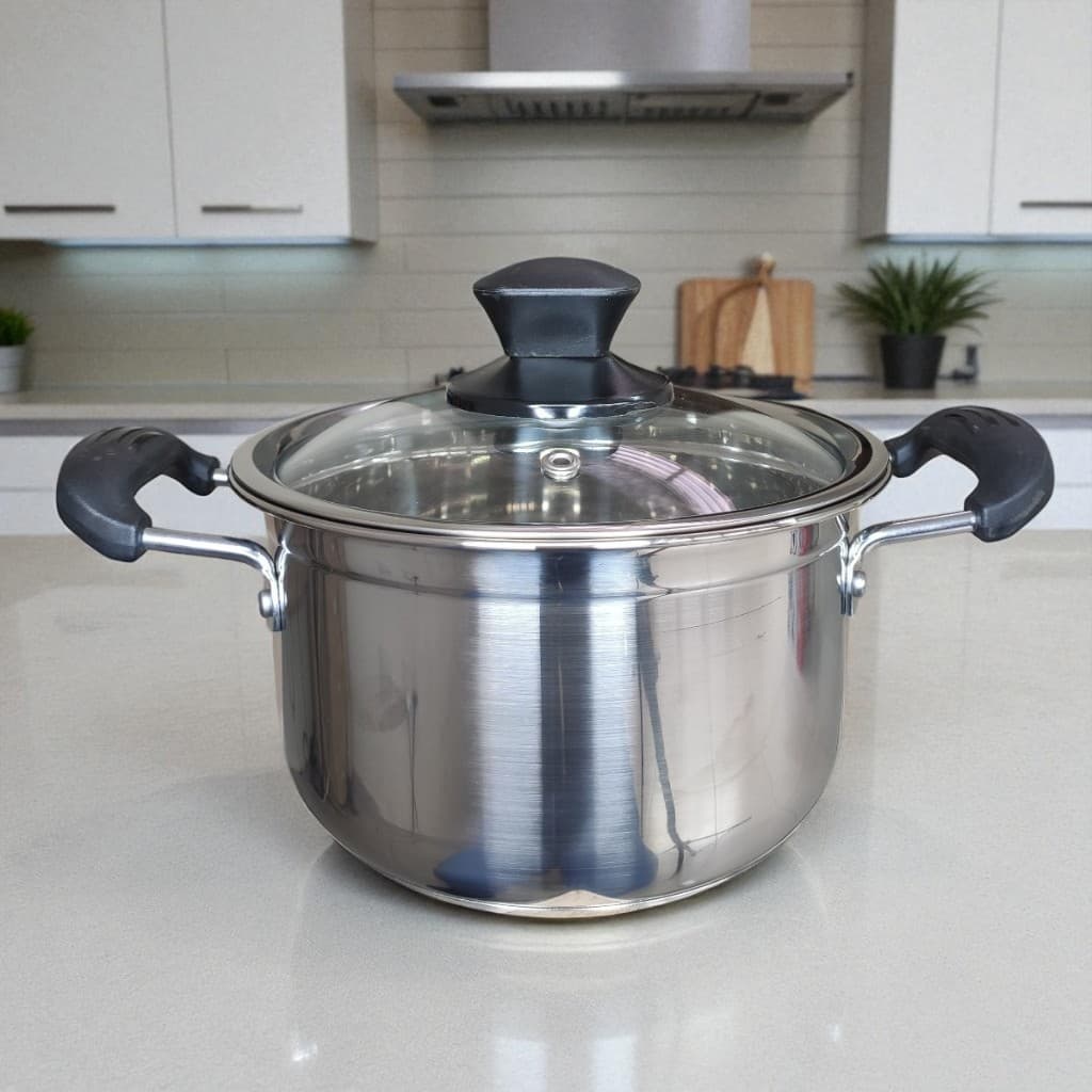 Panela caçarola de Inox  fundo triplo c/ Alças, Tampa De Vidro Fogão indução , gás, Vitrocerâmico e elétrico