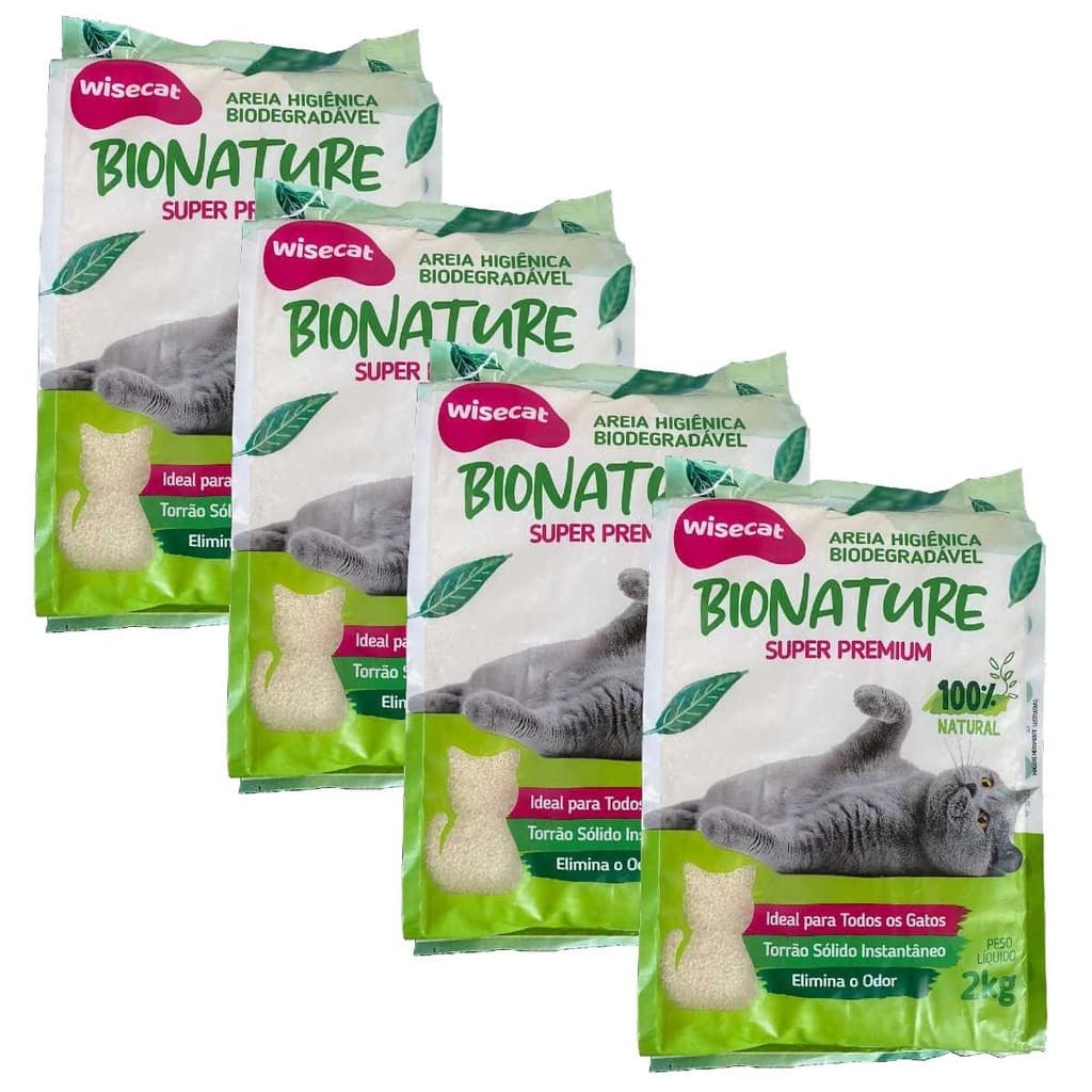 8kg Areia De Mandioca higiênica Para Gatos Wisecat Granulado para Gatos Bionature 2kg kit 4Unidades