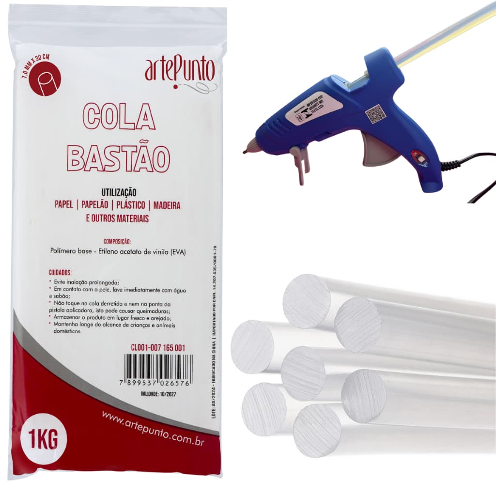 Bastão de Cola Quente Transparente Fina 7.0 mm Pacote 1 Kg Refil de Cola 80 Bastões artePunto