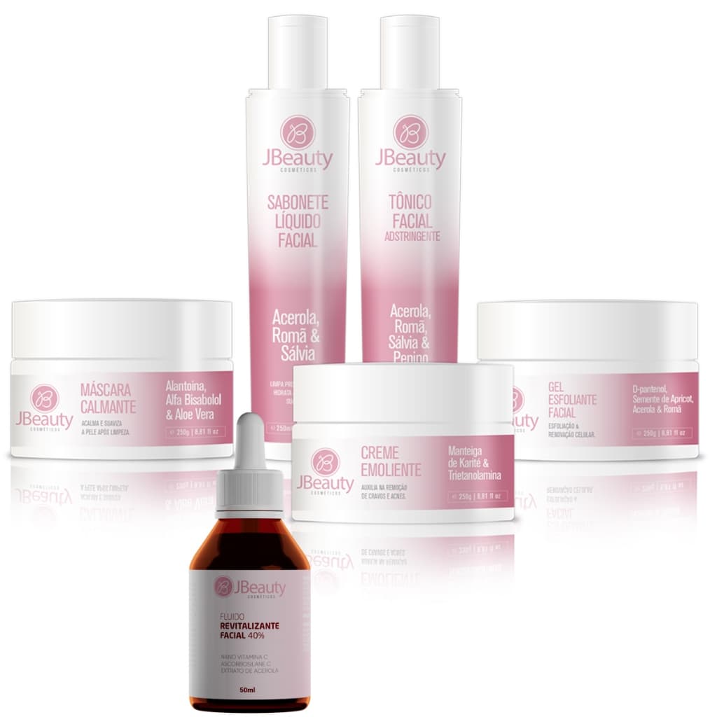 Kit Limpeza de Pele Profissional Jbeauty 5 Itens + Fluido Facial Revitalizante Vitamina C 40% 50ml