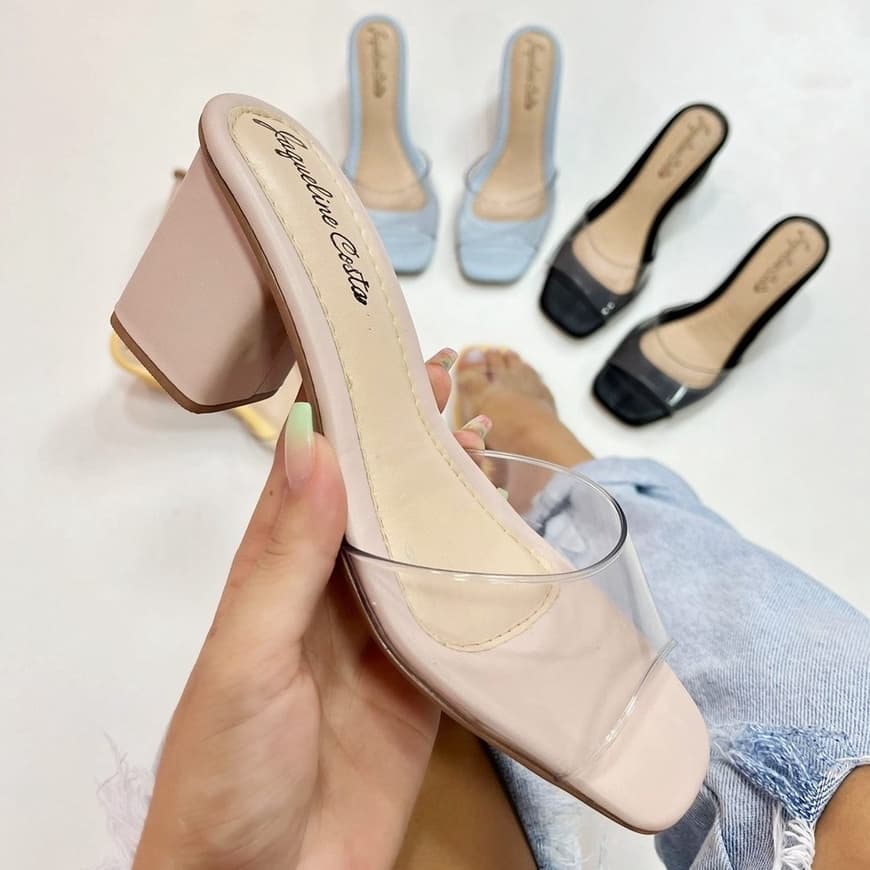 Tamanco Sandália Feminino Salto Grosso Médio Vinil Transparente Leve Delicado Casual Moda Tendência