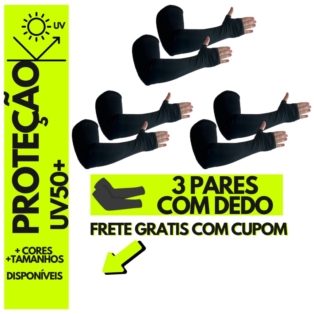 3 Pares kit de Manguito com Dedo Dedeira Anema Proteção UV50+ Fitness Academia Unissex Moto Esporte