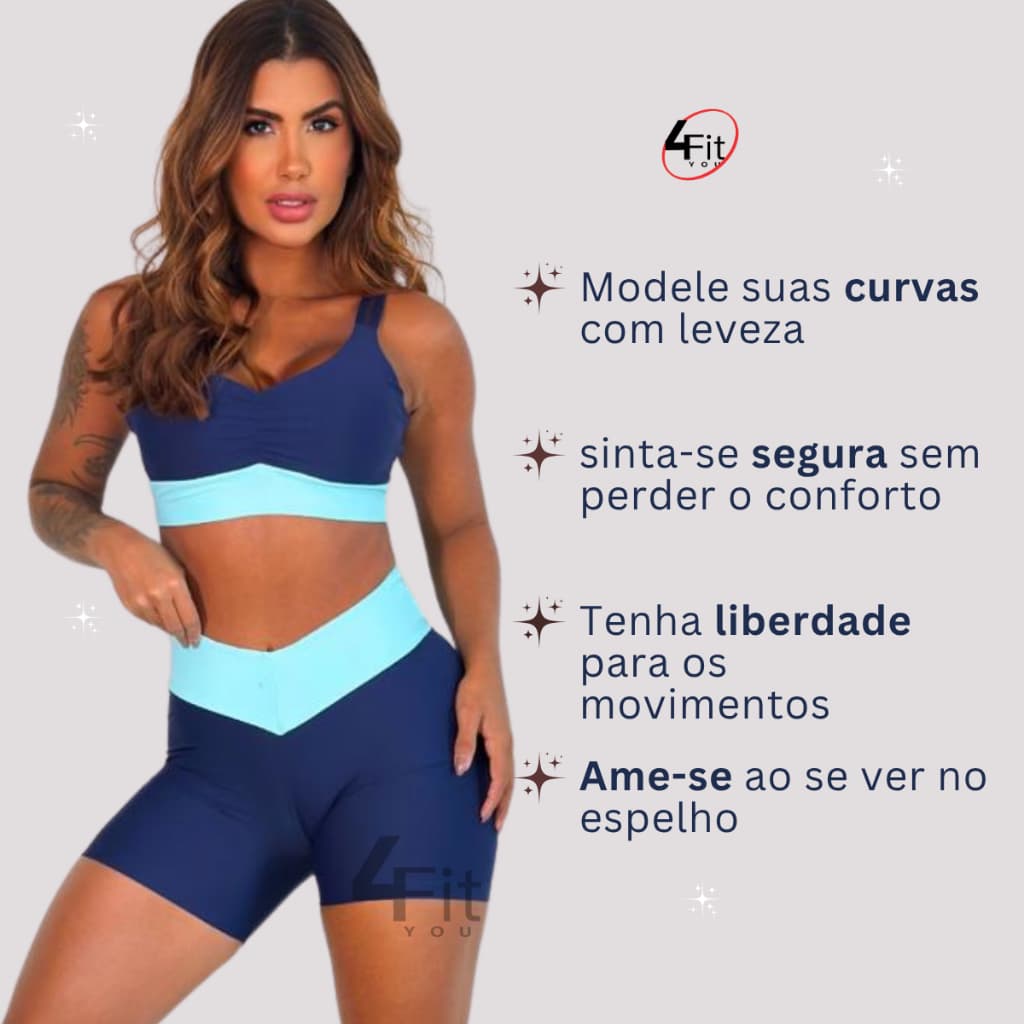 Conjunto Academia Short Cintura Alta e Top Poliamida Conjunto Fitness 4Fit