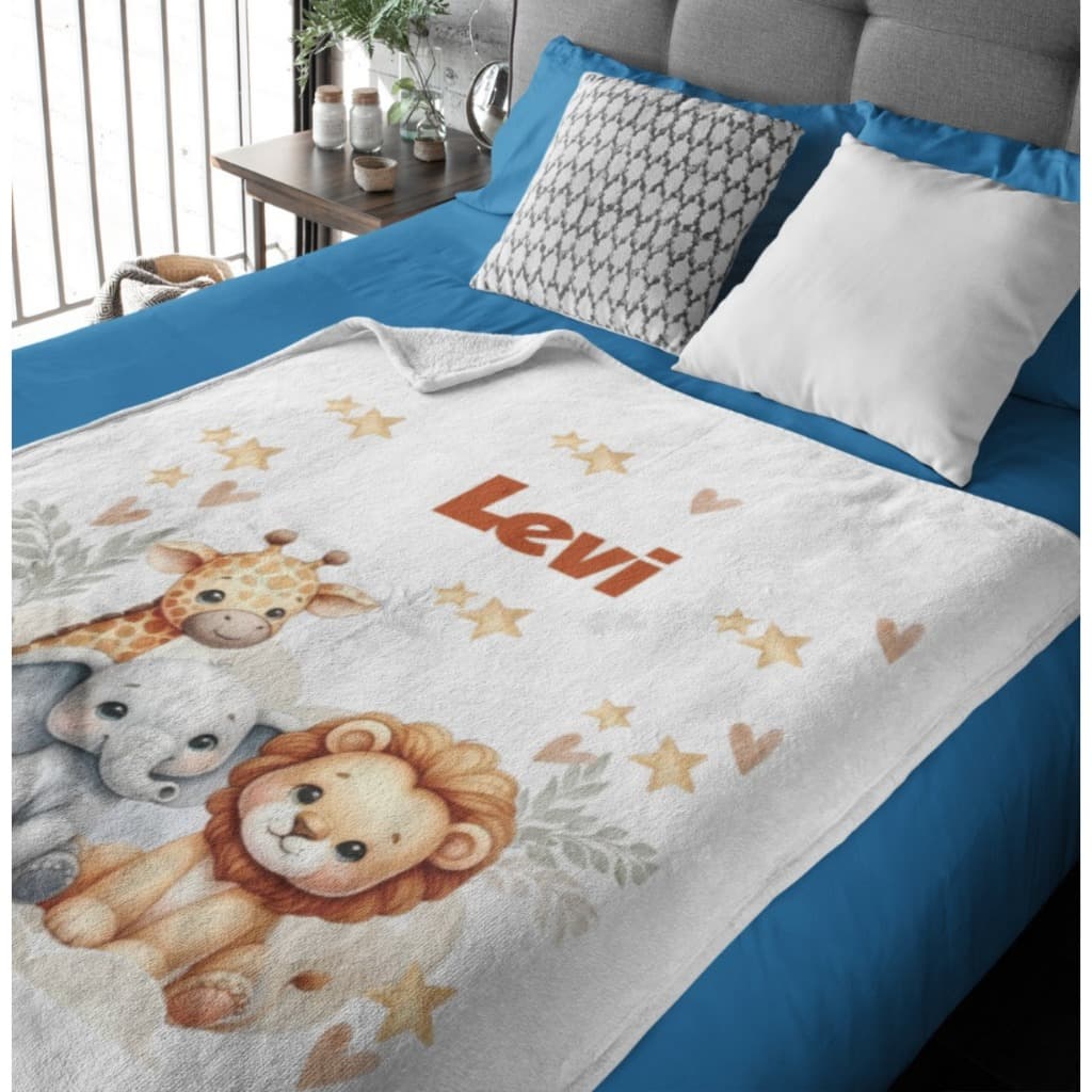 Mantinha Personalizada Com Nome Para Criança Berço ou Sofá Tema Safari Bichinhos Escolha o Seu Favorito