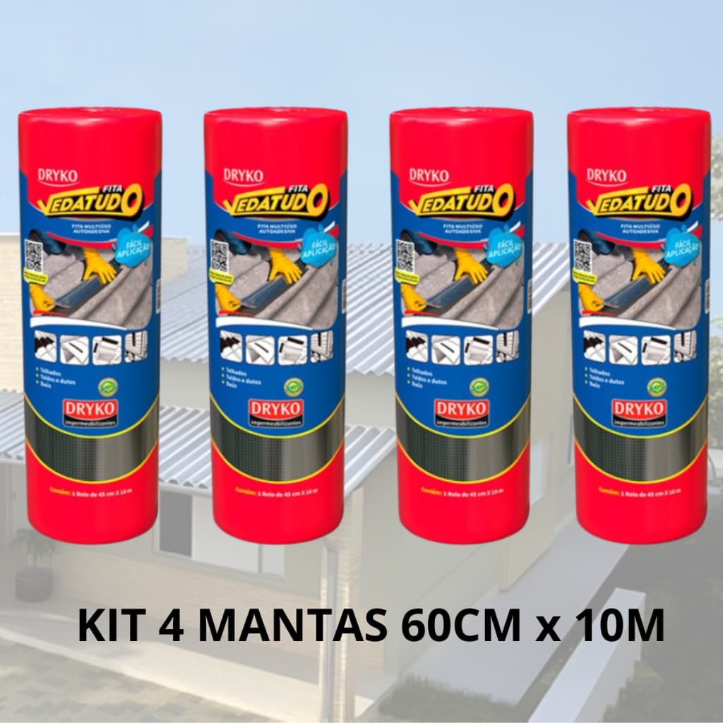 Kit 4 Manta Asfaltica Adesiva Aluminio Telhados Lajes Reparo rapido 60cm X 10m