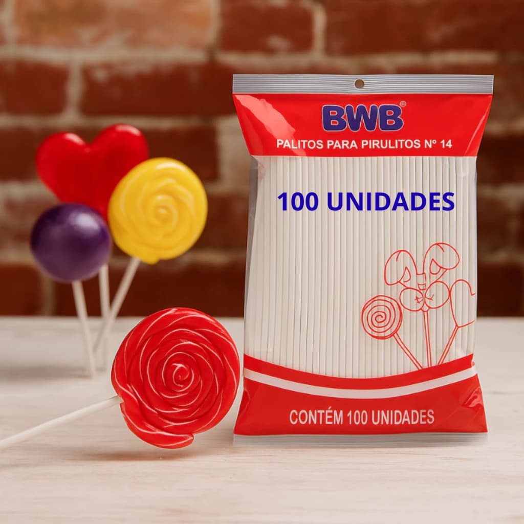100 Palito Para Pirulito Médio Tubo de Pet N.14 Com Bwb Chocolate Topo de Bolo Toper Cake Pop