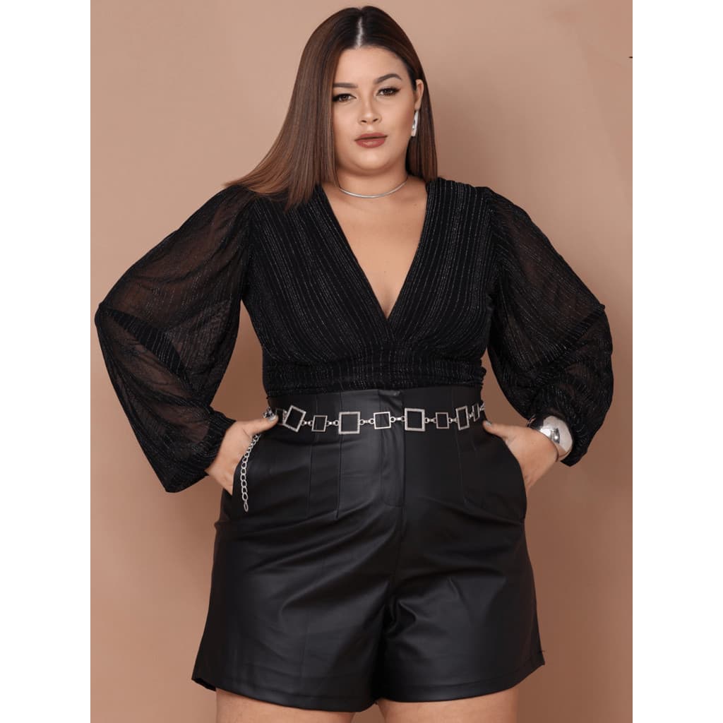 CONJUNTOS PLUS SIZE SHORT COURO COM BOLSO ESTILO BODY MANGA LONGA LUREX  BUFANTE INVERNO    OBS NAO ACOMPANHA CINTO
