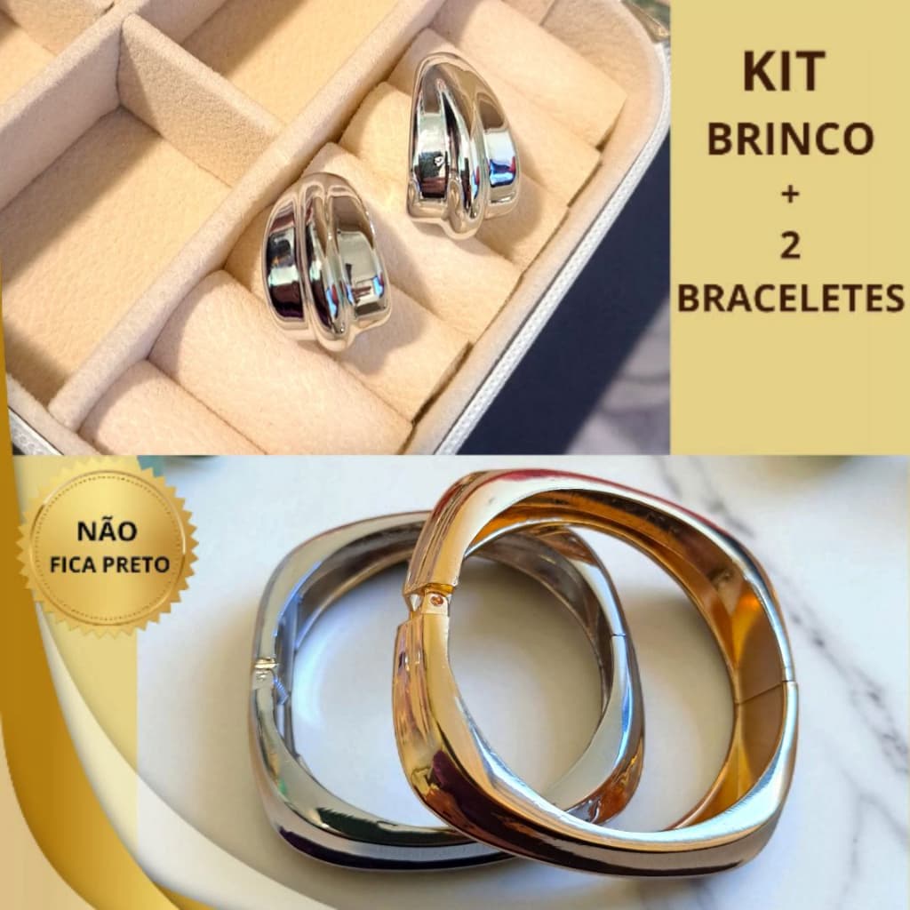 Pulseira Bracelete e Brinco Feminino, Kit Braceletes Quadrados, Folheados, Verniz Italianoo