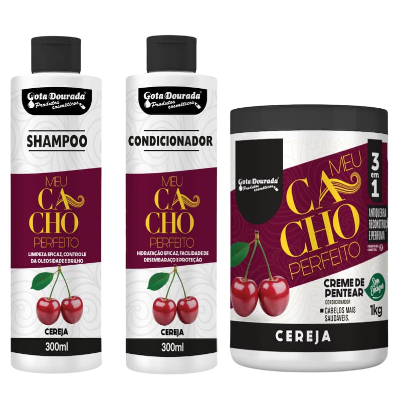 Kit Meu Cacho Perfeito Cereja Gota Dourada - Shampoo, Condicionador e Creme de Pentear