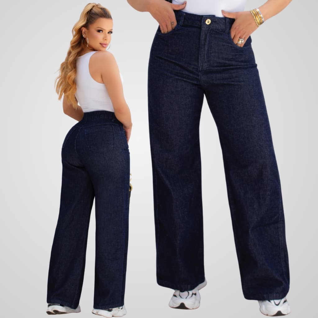 Calça Jeans Feminina Wide Leg Pantalona Escura cor jeans Cintura Alta 100% Algodão Premium