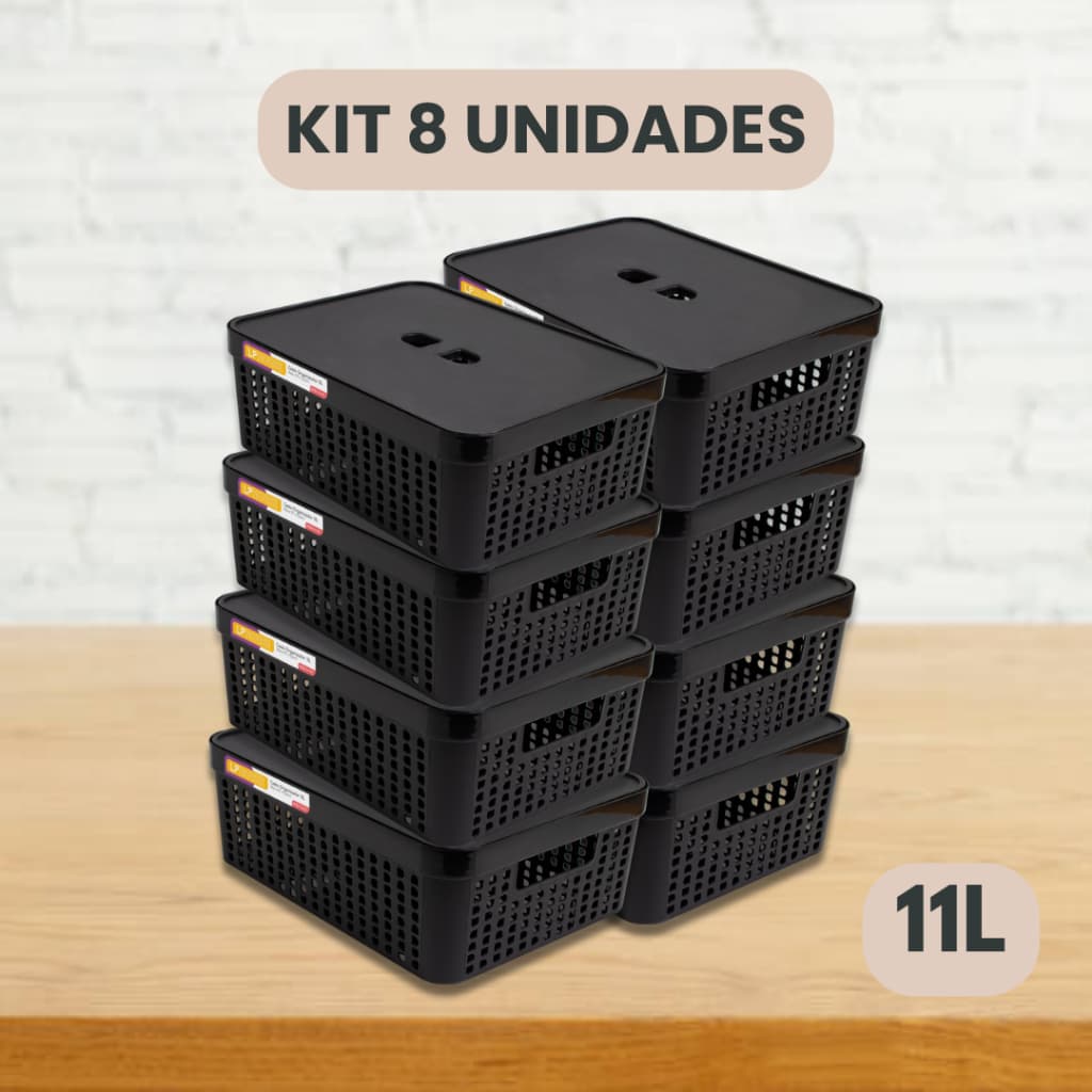 Kit 08 Cestos Organizadores c/Tampa Rattan 11 litros Multiuso Ideal para armário e gavetas LP HOUSE