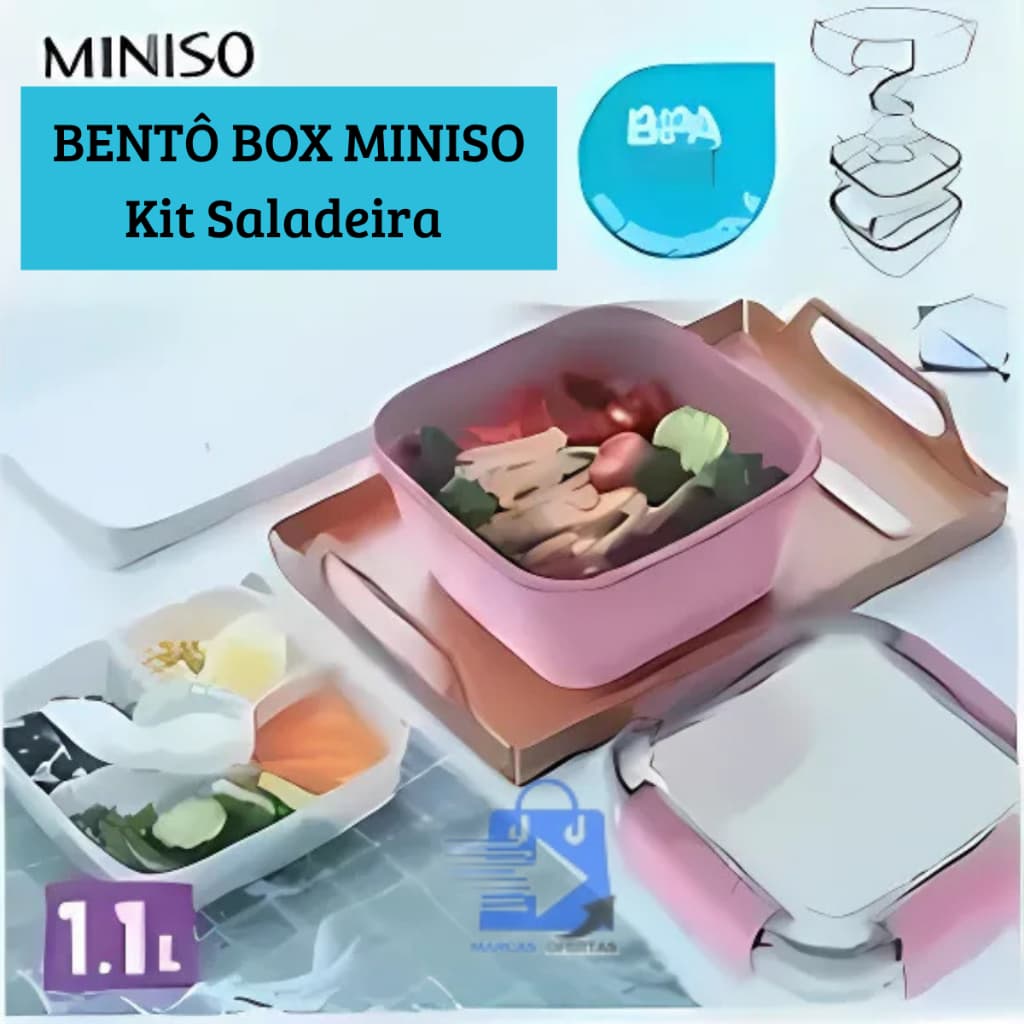 Kit Saladeira com 2 Níveis + Talher 1,1L Marmita lancheira – Rosa
