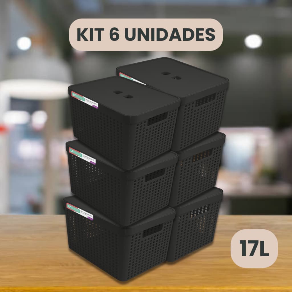 Kit 6 Cestos Organizadores c/Tampa Rattan 17 litros Multiuso Ideal para armário e gavetas LP HOUSE