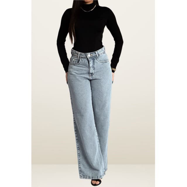 Calça Wide Leg jeans Feminina Pantalona Cintura Alta 100% Jeans Levanta Bumbum