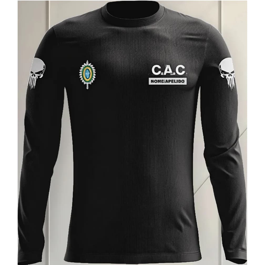 Camisa CAC ATIRADOR Manga longa dryfit UV Nome personalizado, preta, verde e camuflada