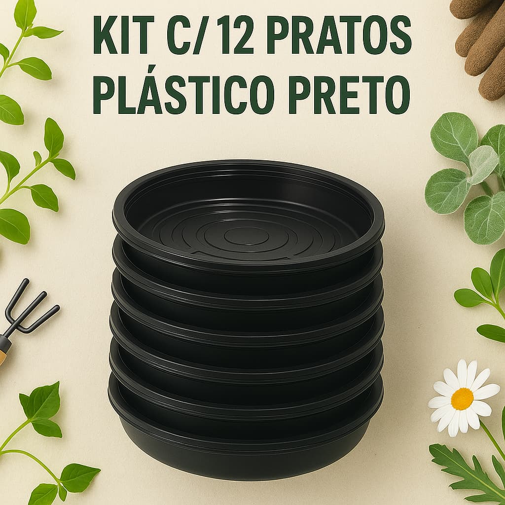 Kit 12 Pratos Plastico Preto - Para Vasos de Plantas Pequenos, Médios e Grandes