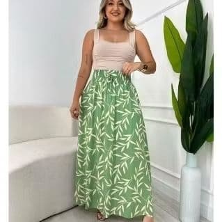 Saia Tecido Viscolinho Estampa Folhas Delicada e Confortável Fenda Lateral