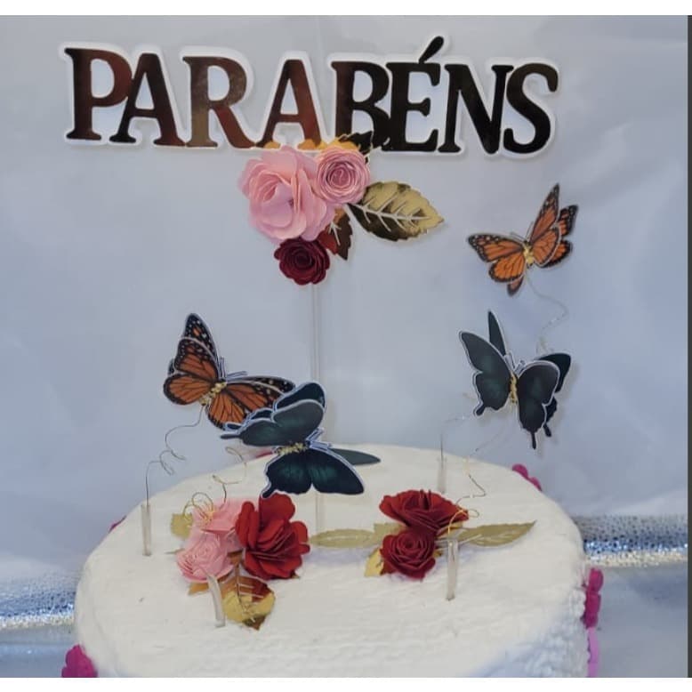 🎉 Topo de Bolo PARABÉNS com Borboletas 3D e Flores de Papel – Festa Luxo, Rosa, Jardim Encantado