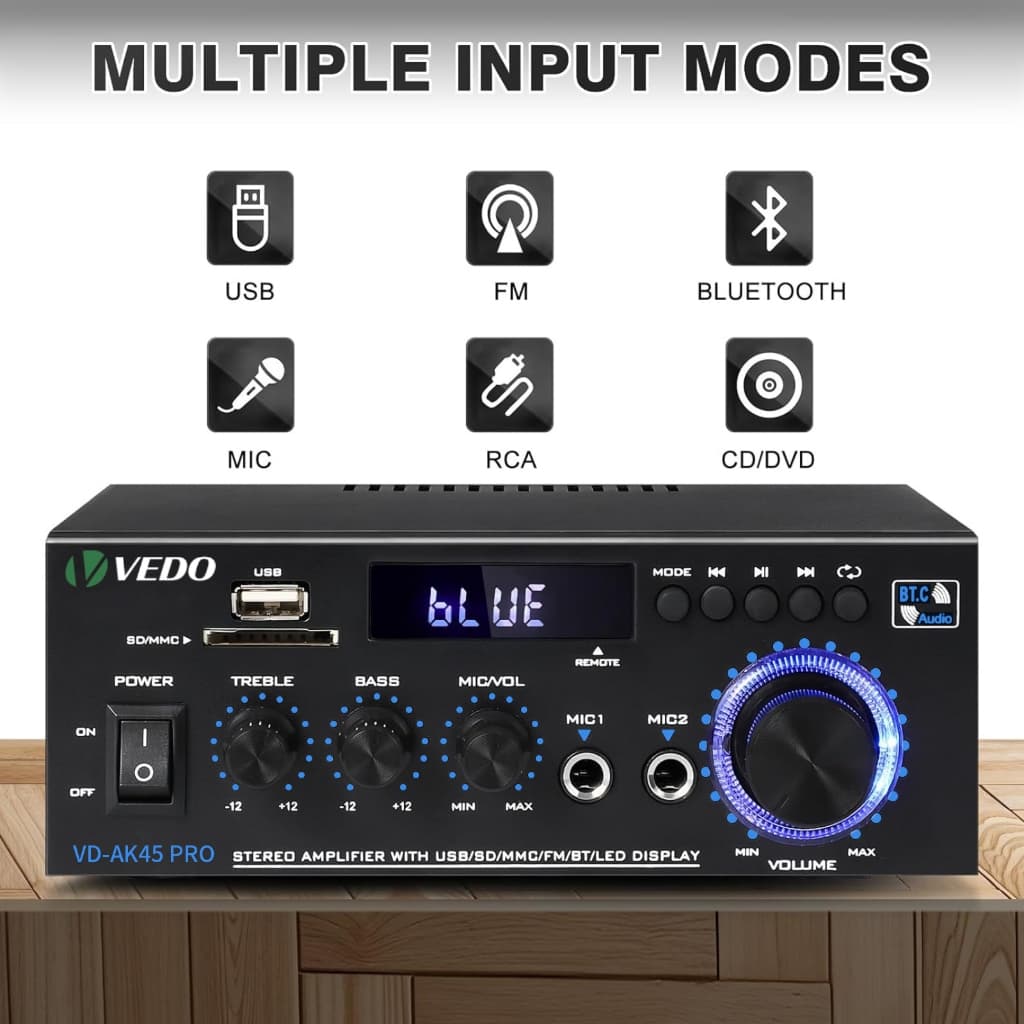 VEDO Amplificador De Som Bluetooth Estéreo De áudio Doméstico 400W 2.0 Canais Com USB, SD, RCA, FM, Entrada De Microfone