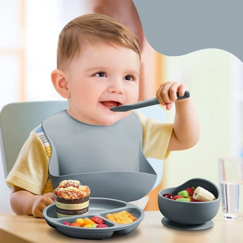 Kit 8 Alimentação Bebê Silicone Prato Babador Copo Tigela
