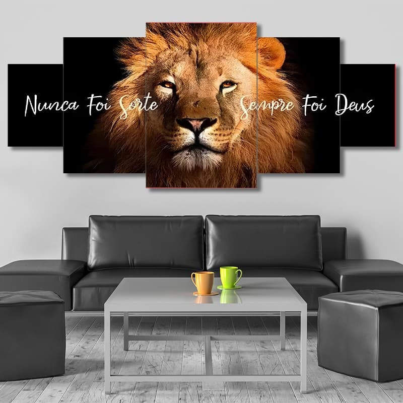 Quadro Decorativo 144x60cm Leão De Judá Frase Nunca foi Sorte Sempre foi Deus