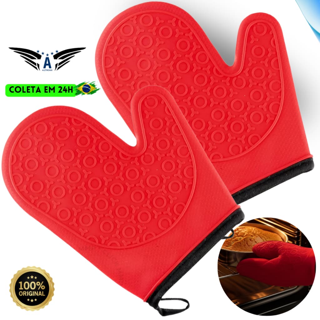Kit Luva Térmica de Silicone para Cozinha Fogão Churrasco Altas Temperaturas Alta Qualidade Lavável