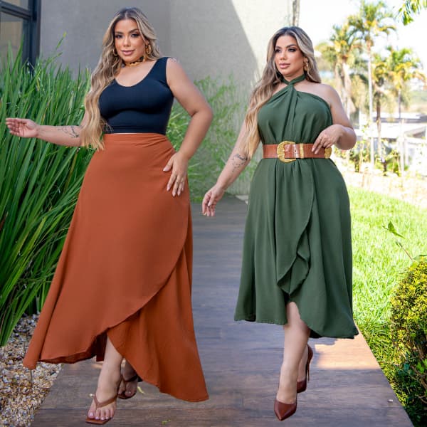 Saia Longa Plus Size Envelope Transpassada com Amarração Elegante Tendência