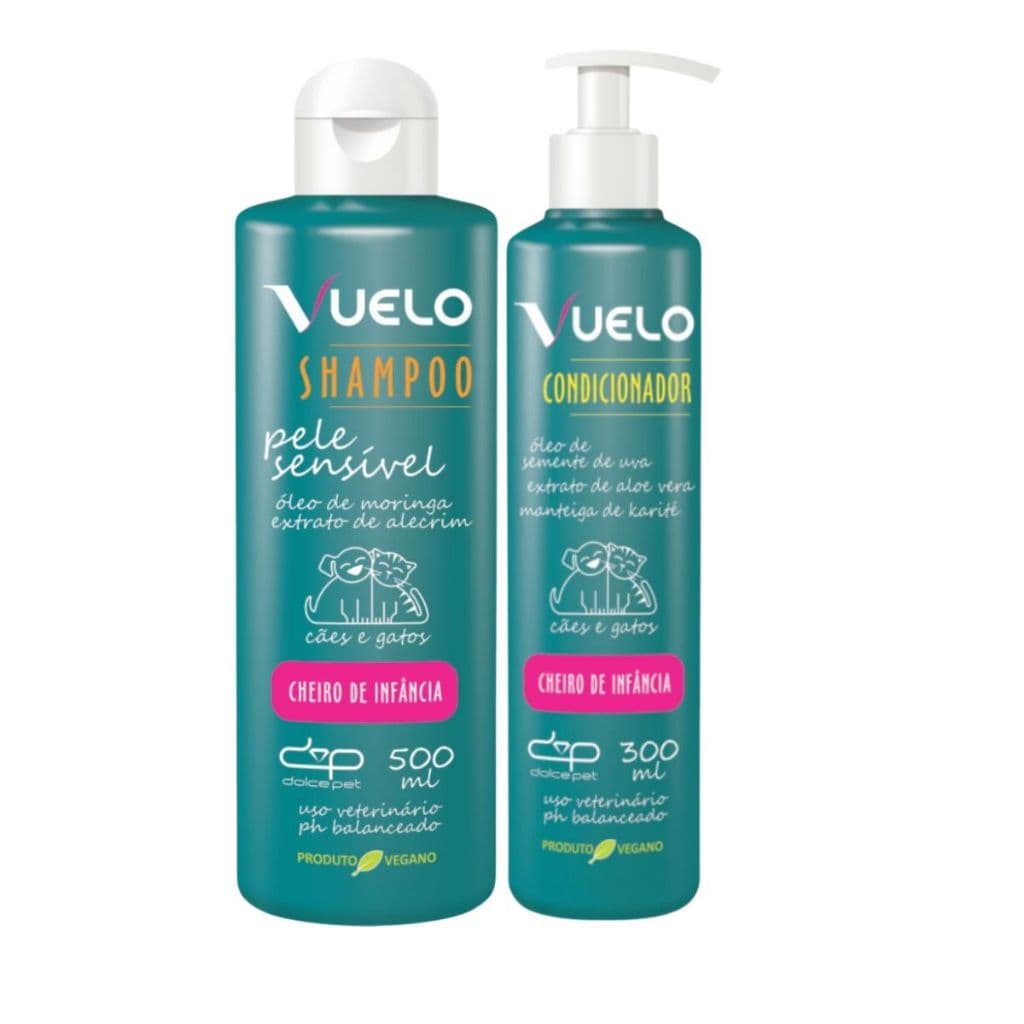 Kit Shampoo Pele Sensível + Condicionador Cheiro de Infancia Vuelo Dolce Pet Cães Gatos