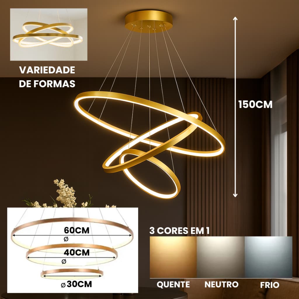 Pendente Dourado LED 3 Aros Moderno Luxo Nobre Luz Bivolt Decorativo com Ajuste